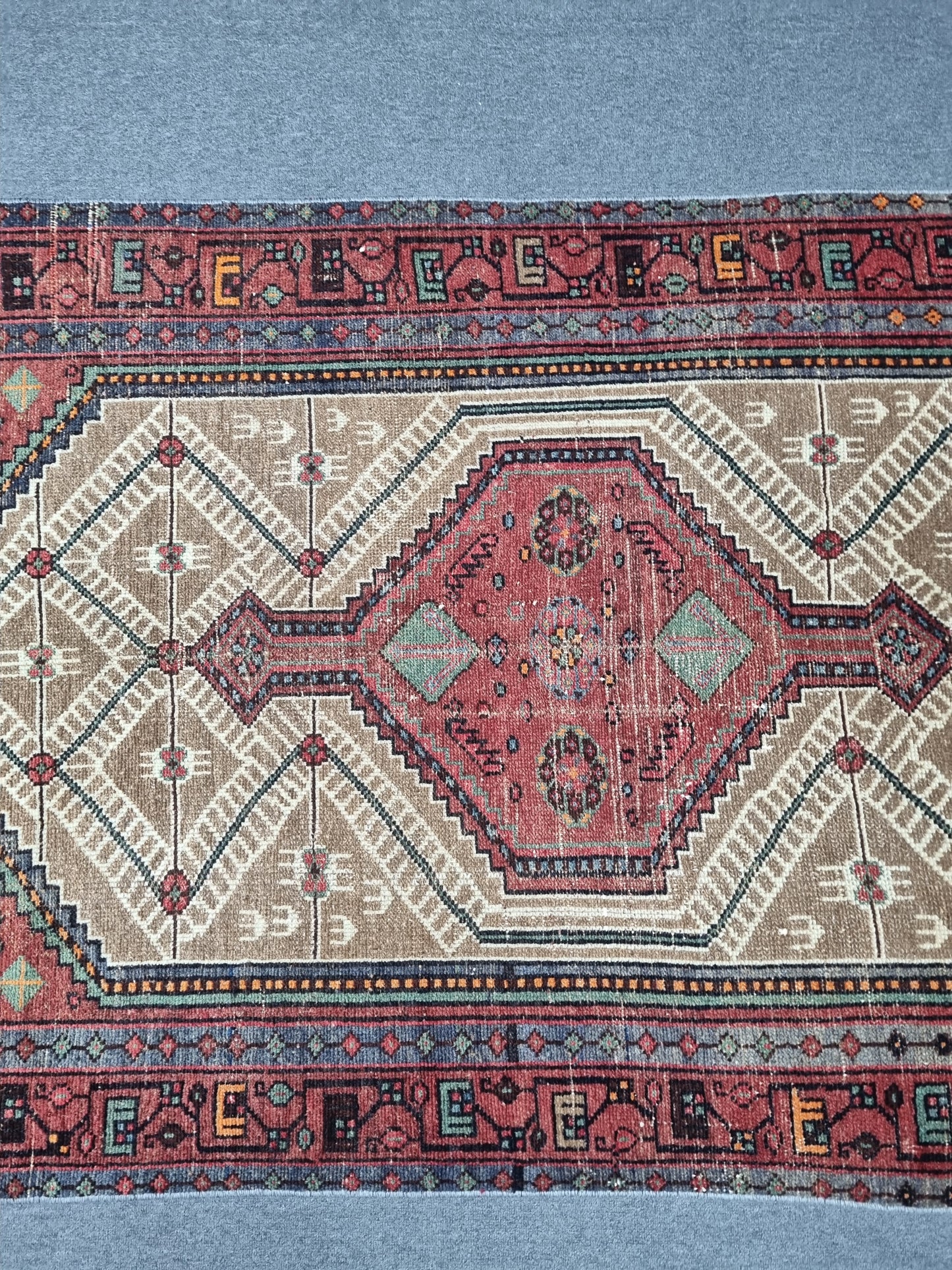 3'8" x 6'7" Vintage Turkish Rug, Beige Red Tribal Medallion Wool Area Rug