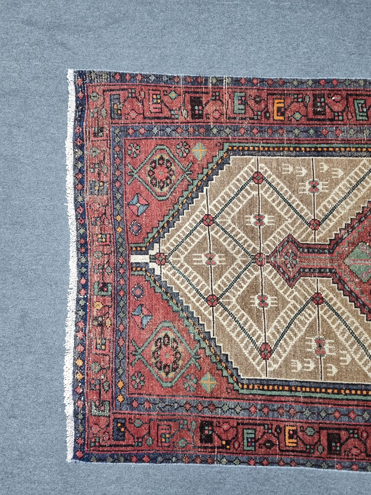 3'8" x 6'7" Vintage Turkish Rug, Beige Red Tribal Medallion Wool Area Rug