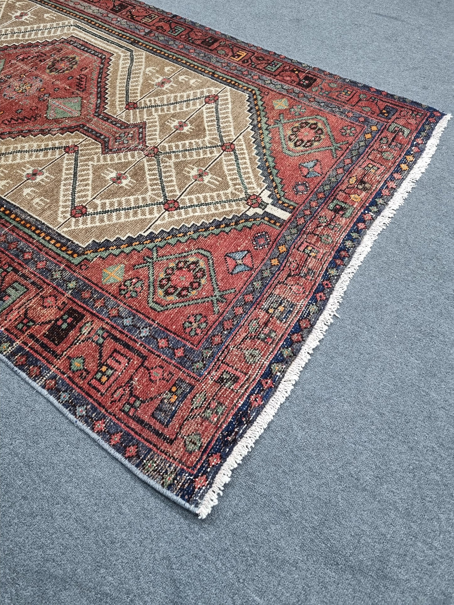 3'8" x 6'7" Vintage Turkish Rug, Beige Red Tribal Medallion Wool Area Rug