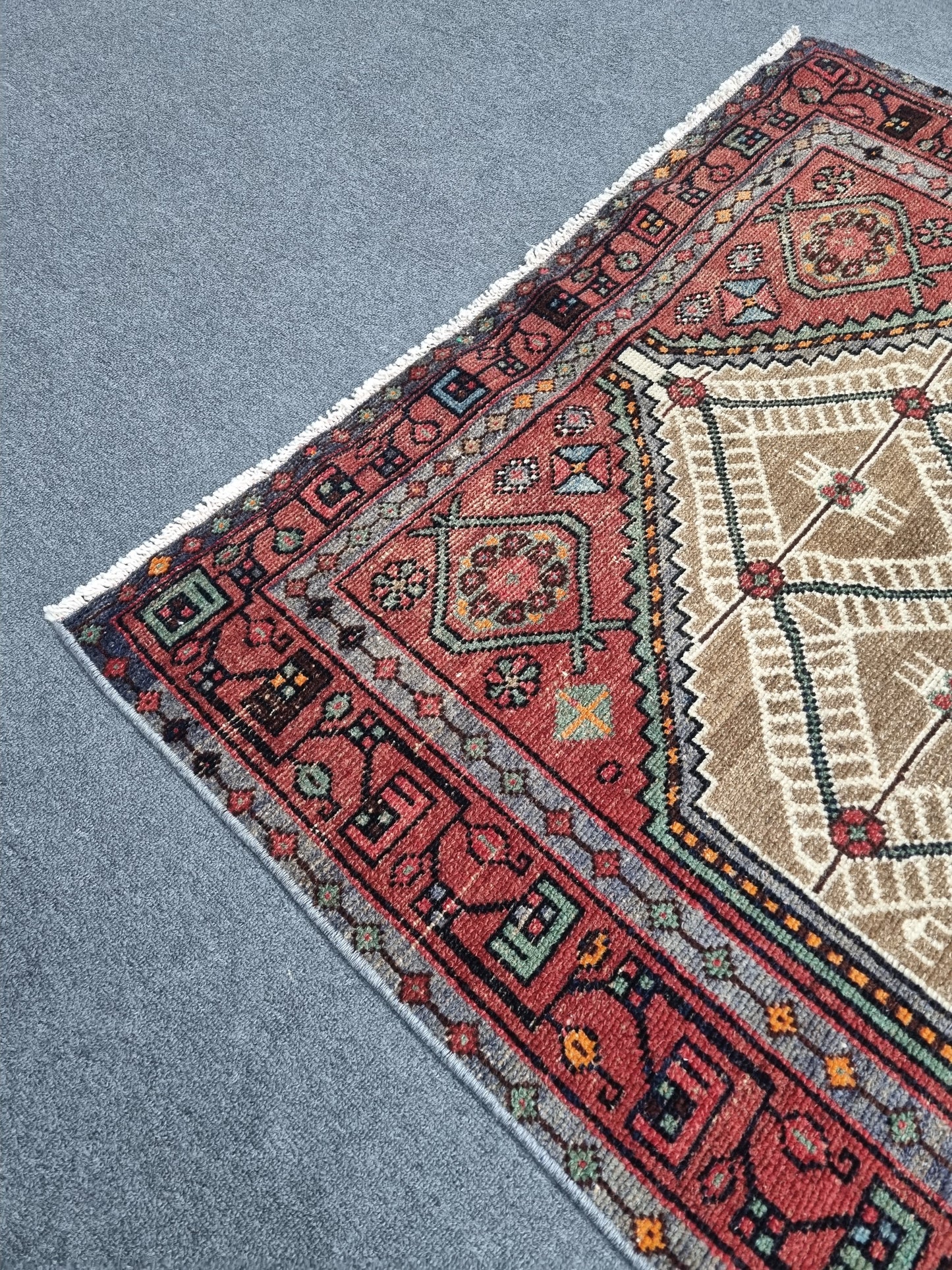 3'8" x 6'7" Vintage Turkish Rug, Beige Red Tribal Medallion Wool Area Rug