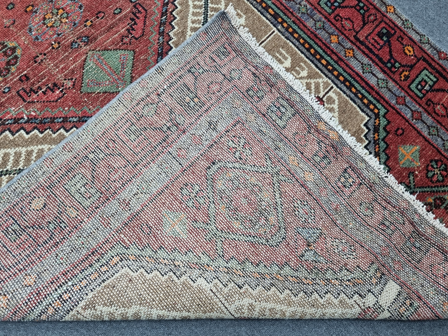 3'8" x 6'7" Vintage Turkish Rug, Beige Red Tribal Medallion Wool Area Rug