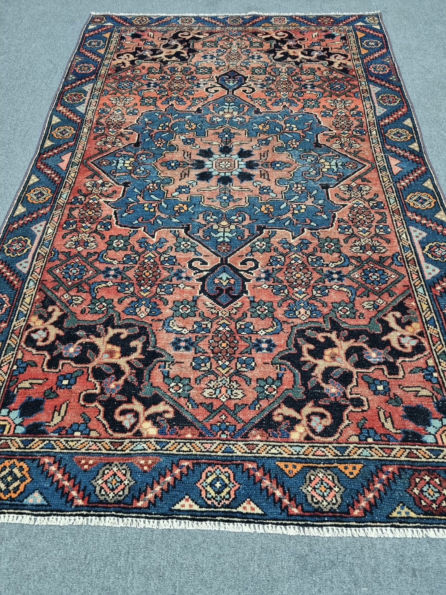 Vintage Oriental Rug 4' x 6', Handwoven Wool Rug, Red Blue Medallion Living Room Carpet