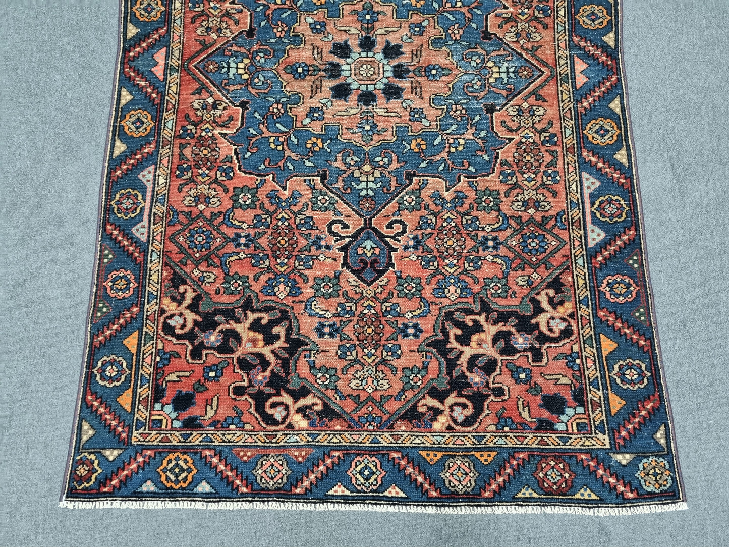 Vintage Oriental Rug 4' x 6', Handwoven Wool Rug, Red Blue Medallion Living Room Carpet