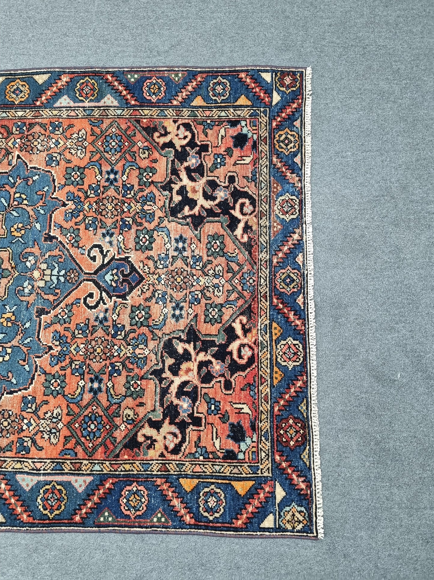 Vintage Oriental Rug 4' x 6', Handwoven Wool Rug, Red Blue Medallion Living Room Carpet