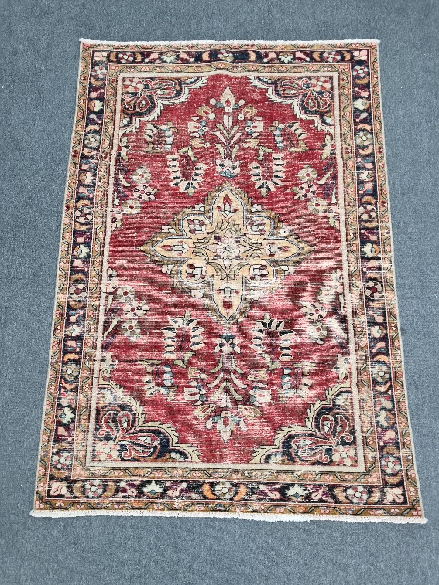 3'7" x 5'1" Vintage Floral Rug, Distressed Red Wool Carpet
