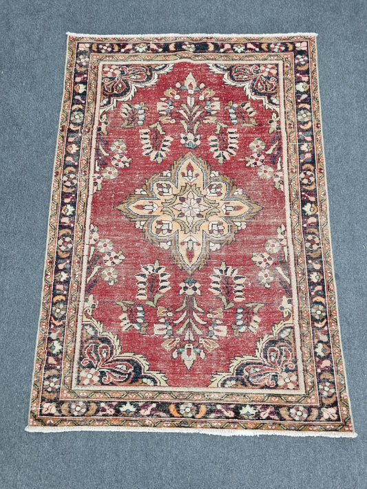 3'7" x 5'1" Vintage Floral Rug, Distressed Red Wool Carpet