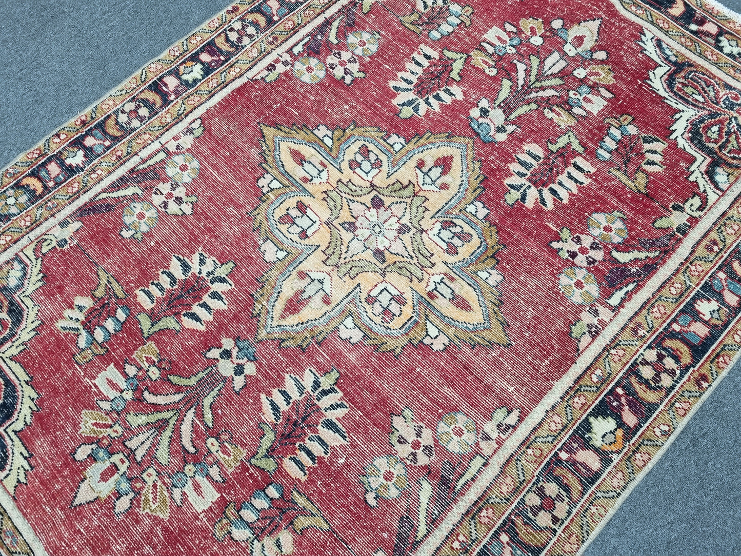 3'7" x 5'1" Vintage Floral Rug, Distressed Red Wool Carpet