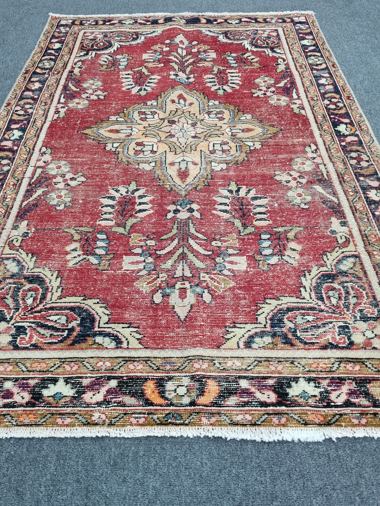 3'7" x 5'1" Vintage Floral Rug, Distressed Red Wool Carpet