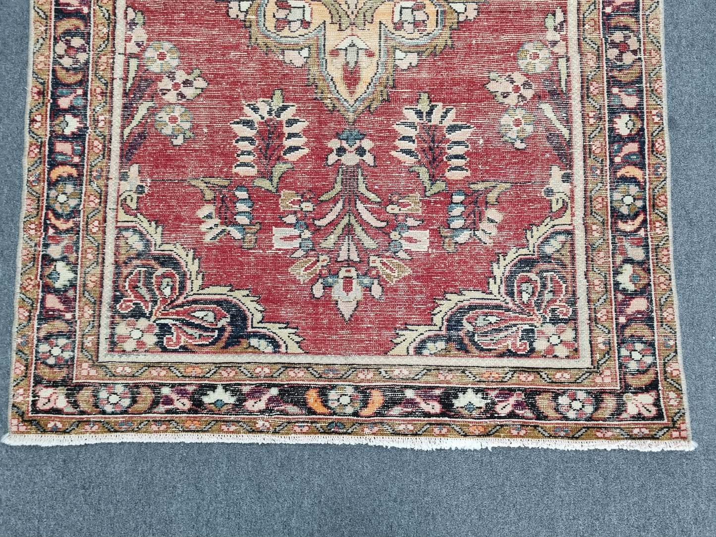 3'7" x 5'1" Vintage Floral Rug, Distressed Red Wool Carpet