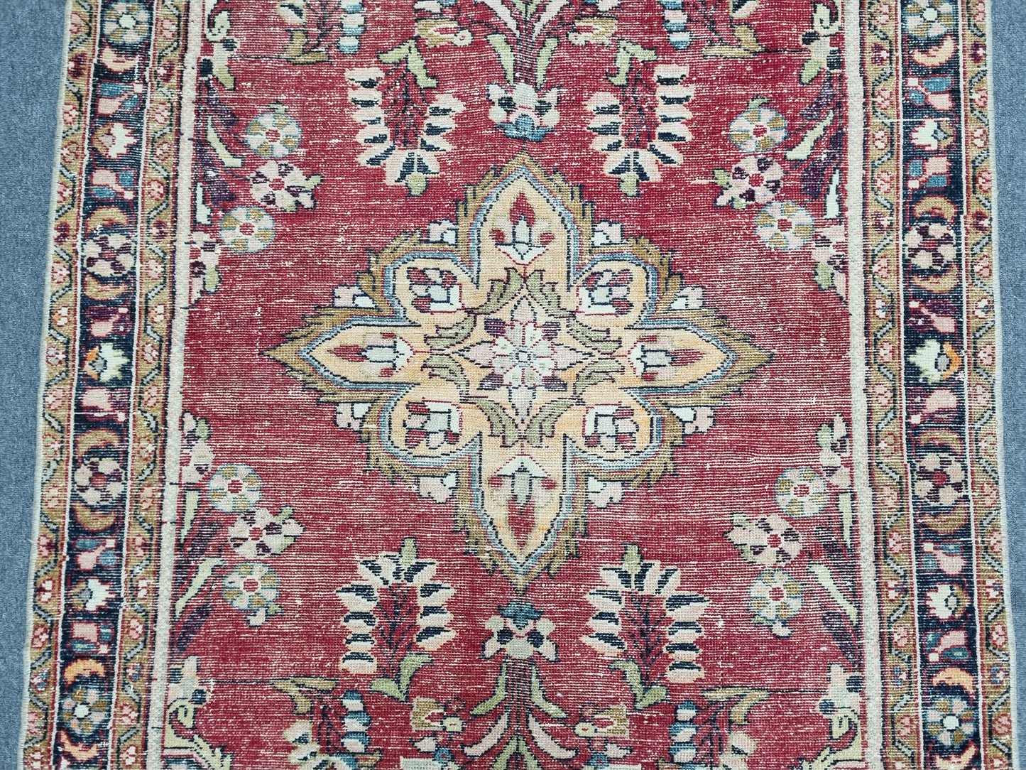 3'7" x 5'1" Vintage Floral Rug, Distressed Red Wool Carpet