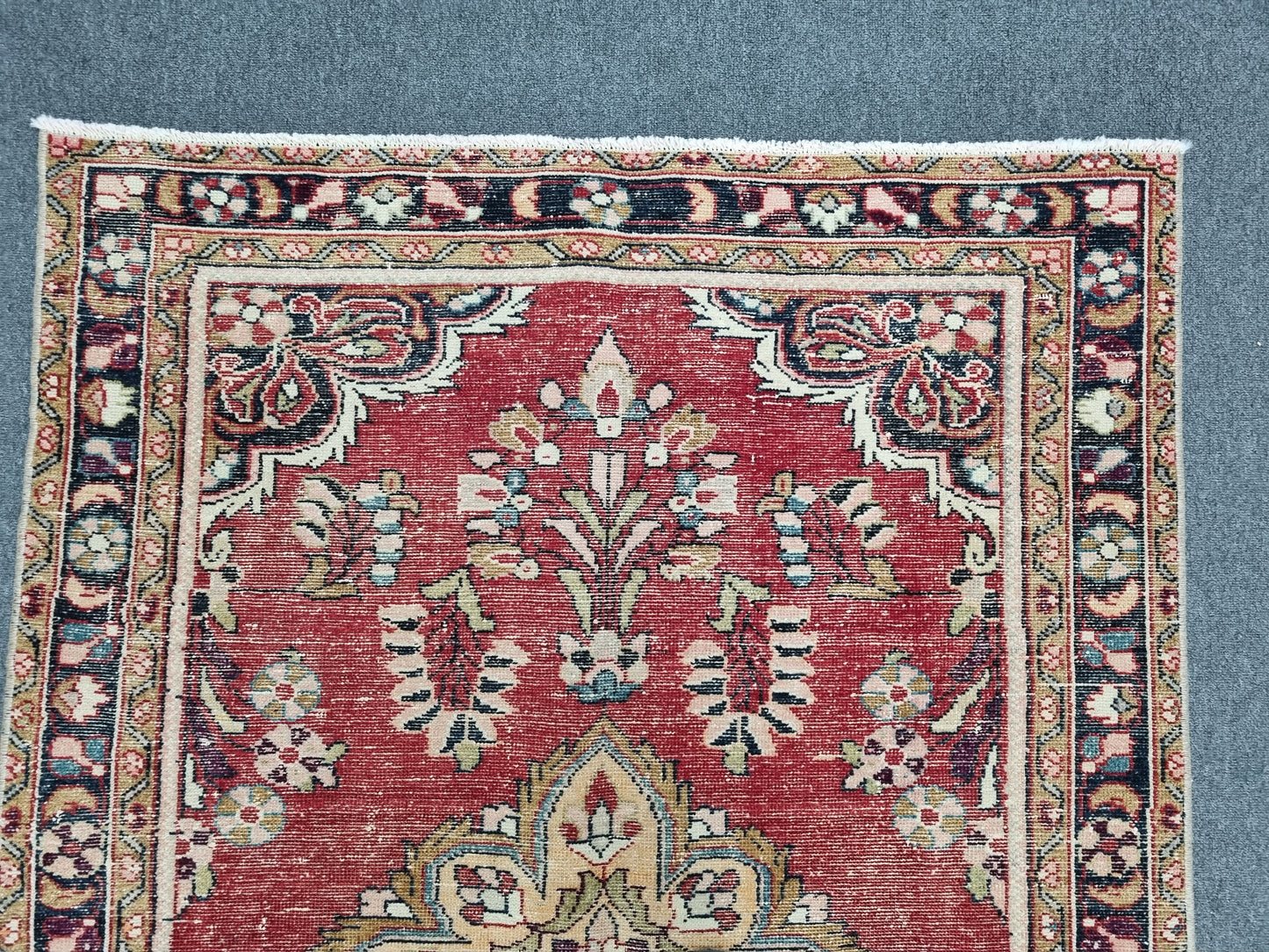 3'7" x 5'1" Vintage Floral Rug, Distressed Red Wool Carpet