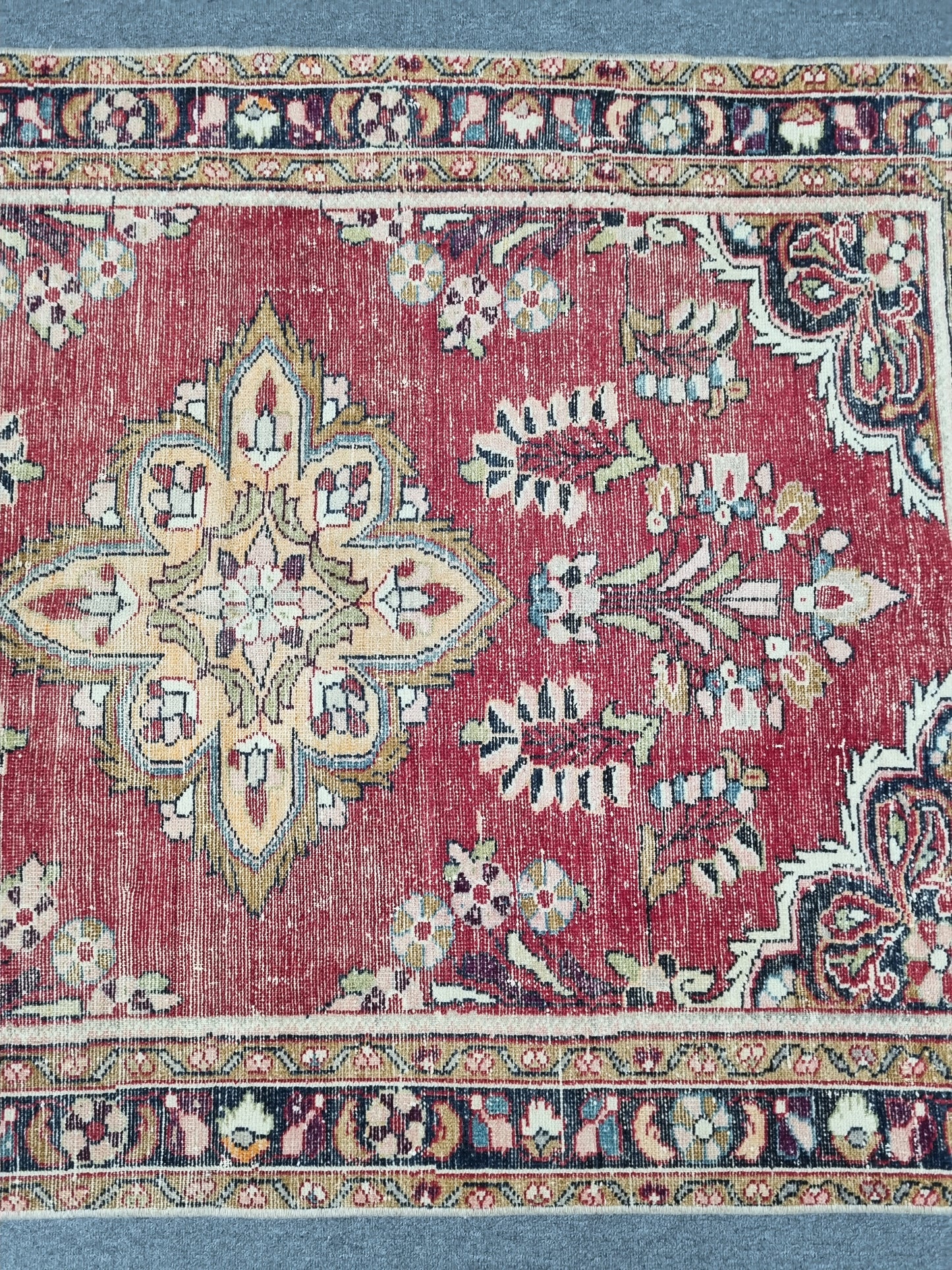 3'7" x 5'1" Vintage Floral Rug, Distressed Red Wool Carpet