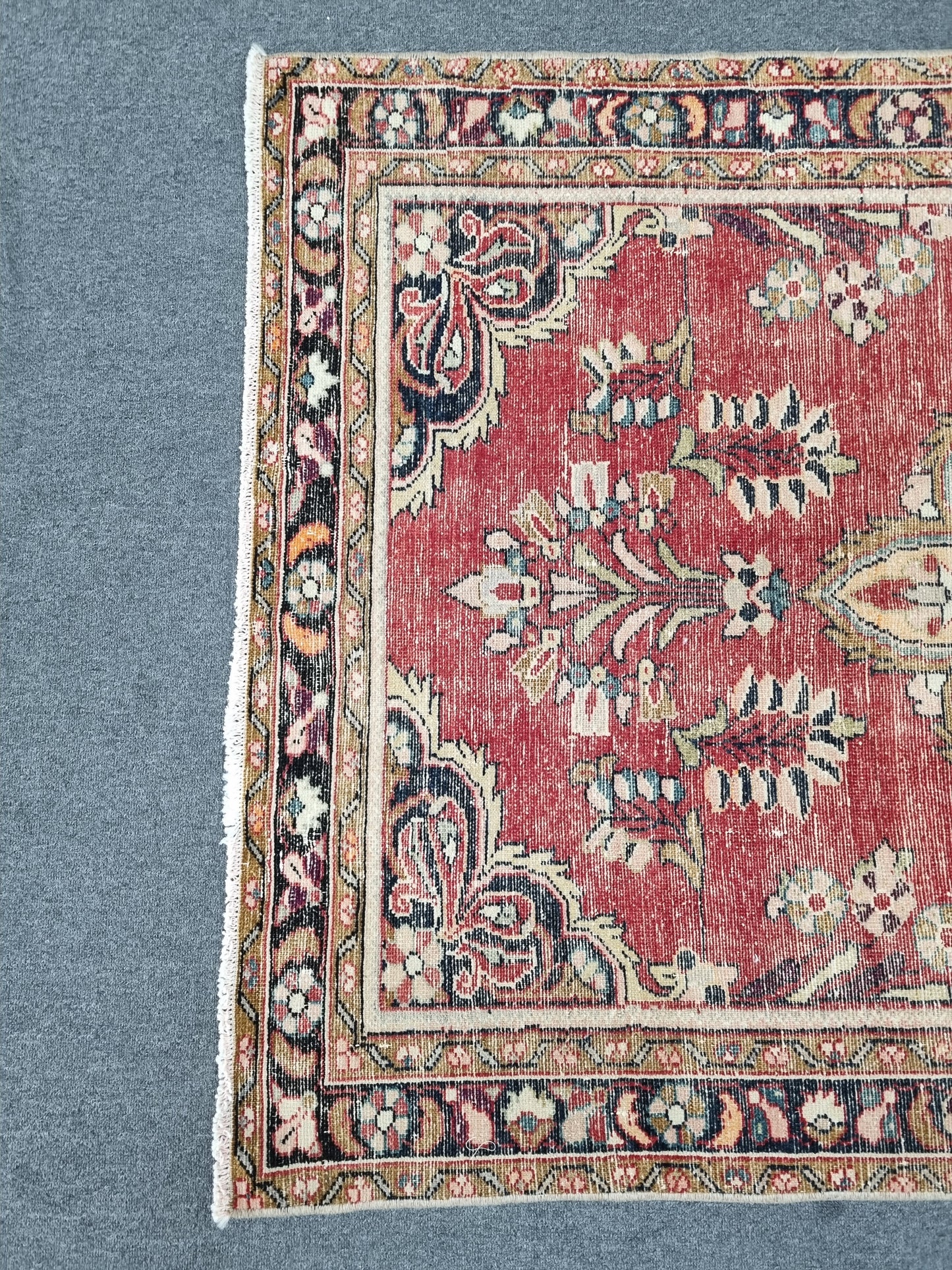 3'7" x 5'1" Vintage Floral Rug, Distressed Red Wool Carpet