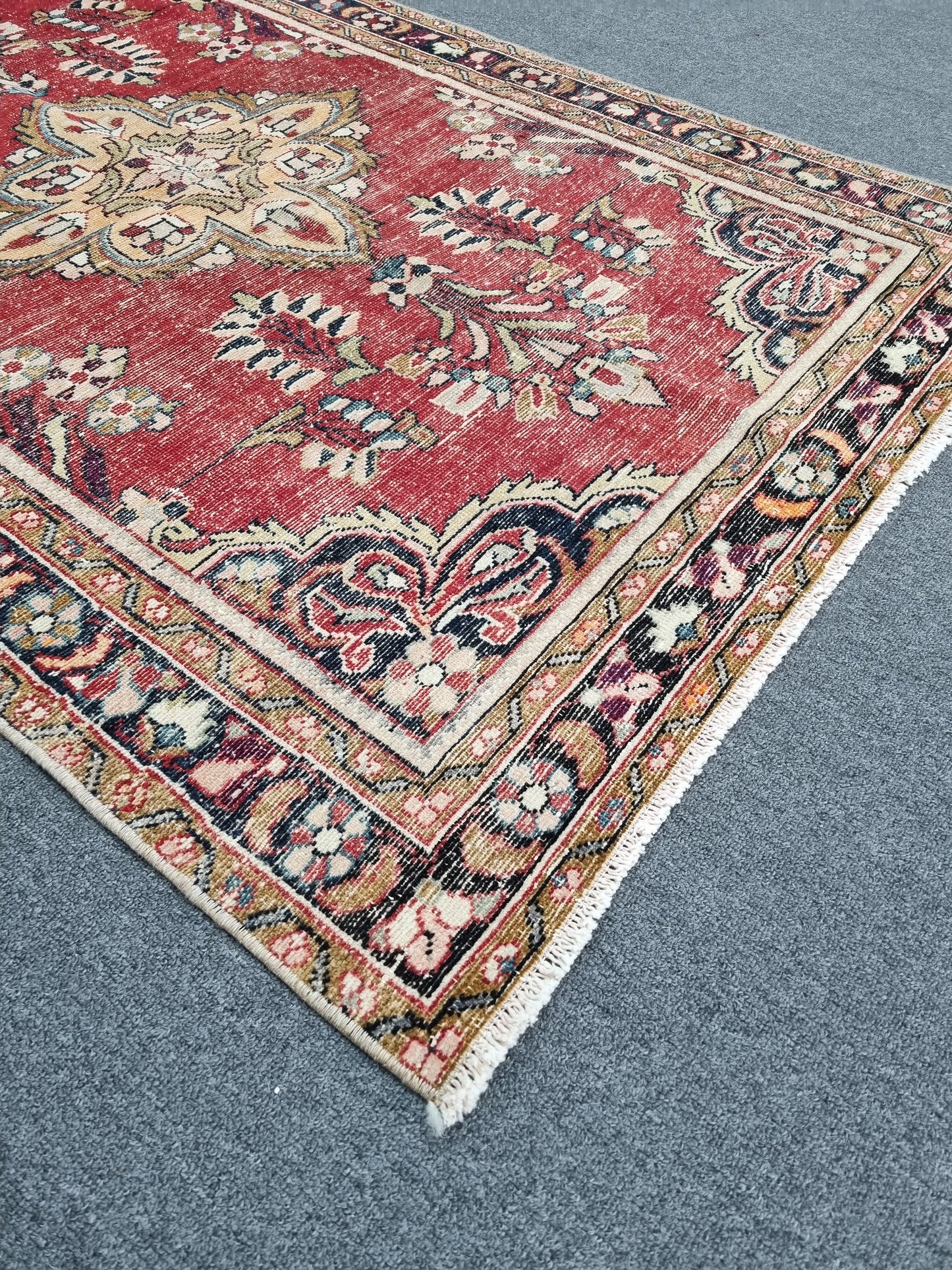 3'7" x 5'1" Vintage Floral Rug, Distressed Red Wool Carpet