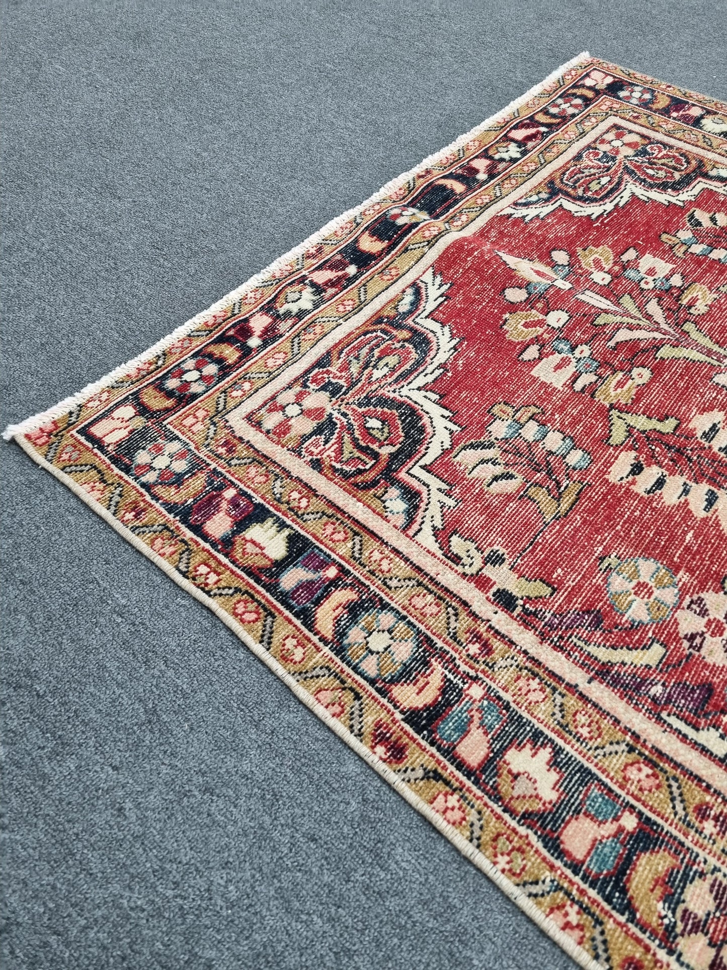 3'7" x 5'1" Vintage Floral Rug, Distressed Red Wool Carpet