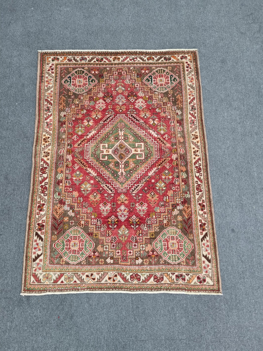 3'7" x 5'1" Vintage Tribal Wool Rug, Red Green Geometric Oriental Carpet
