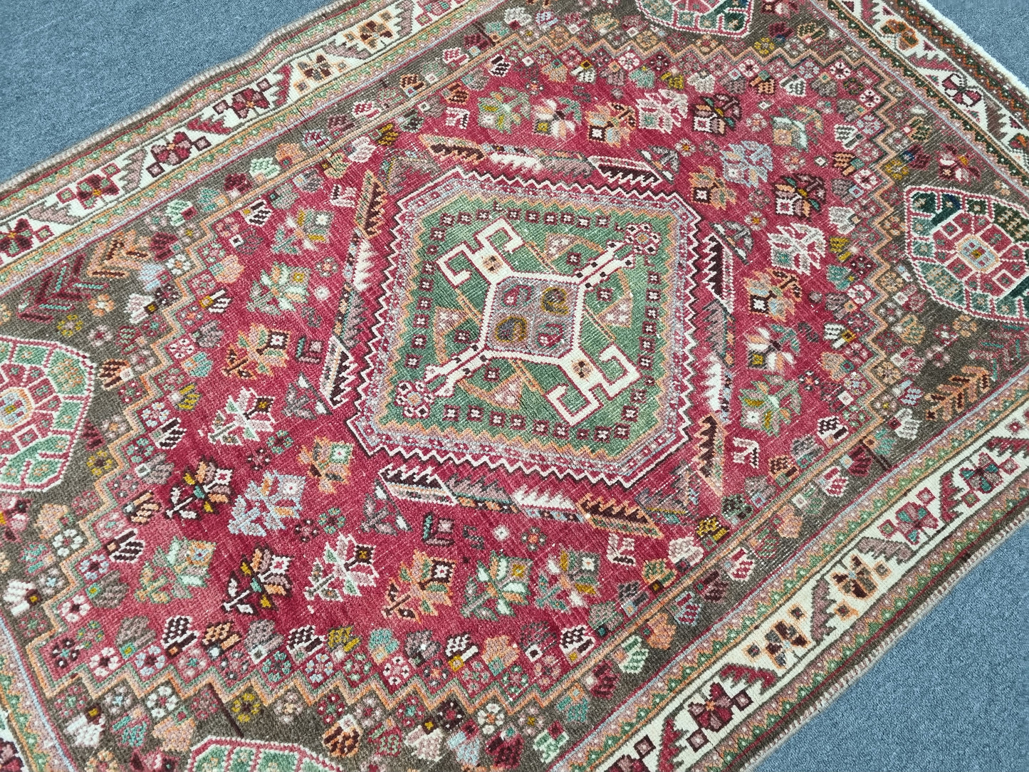 3'7" x 5'1" Vintage Tribal Wool Rug, Red Green Geometric Oriental Carpet