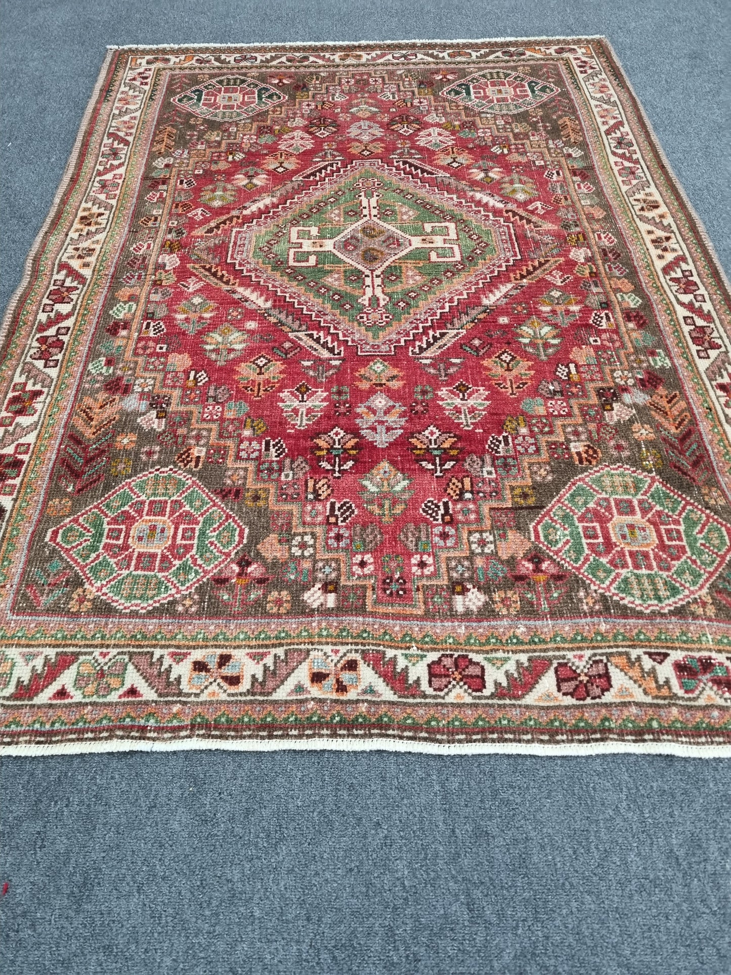 3'7" x 5'1" Vintage Tribal Wool Rug, Red Green Geometric Oriental Carpet