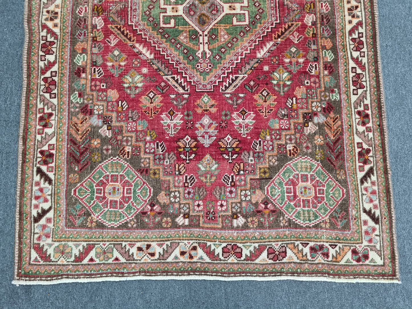 3'7" x 5'1" Vintage Tribal Wool Rug, Red Green Geometric Oriental Carpet
