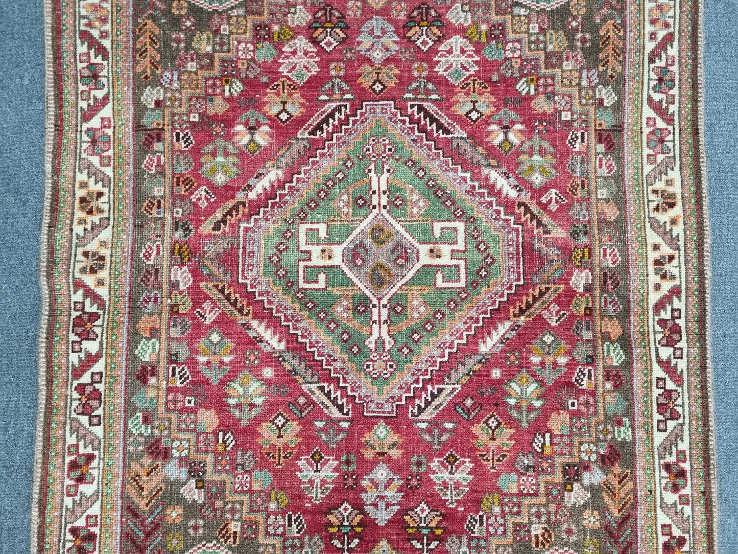 3'7" x 5'1" Vintage Tribal Wool Rug, Red Green Geometric Oriental Carpet