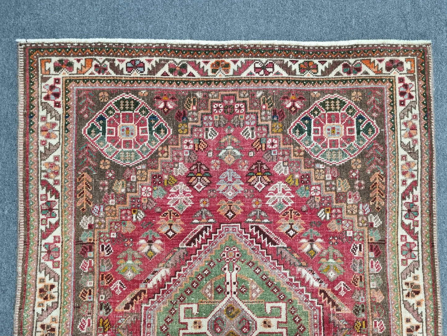 3'7" x 5'1" Vintage Tribal Wool Rug, Red Green Geometric Oriental Carpet