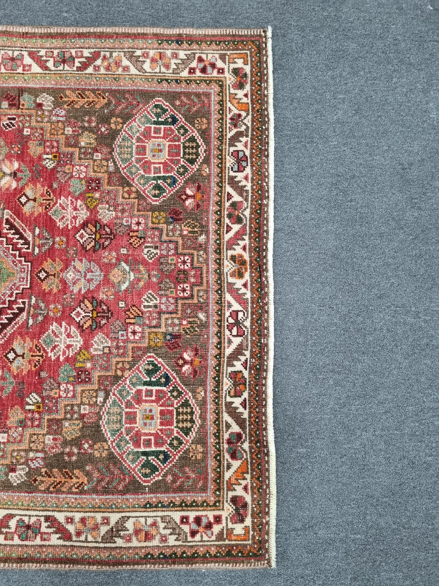 3'7" x 5'1" Vintage Tribal Wool Rug, Red Green Geometric Oriental Carpet