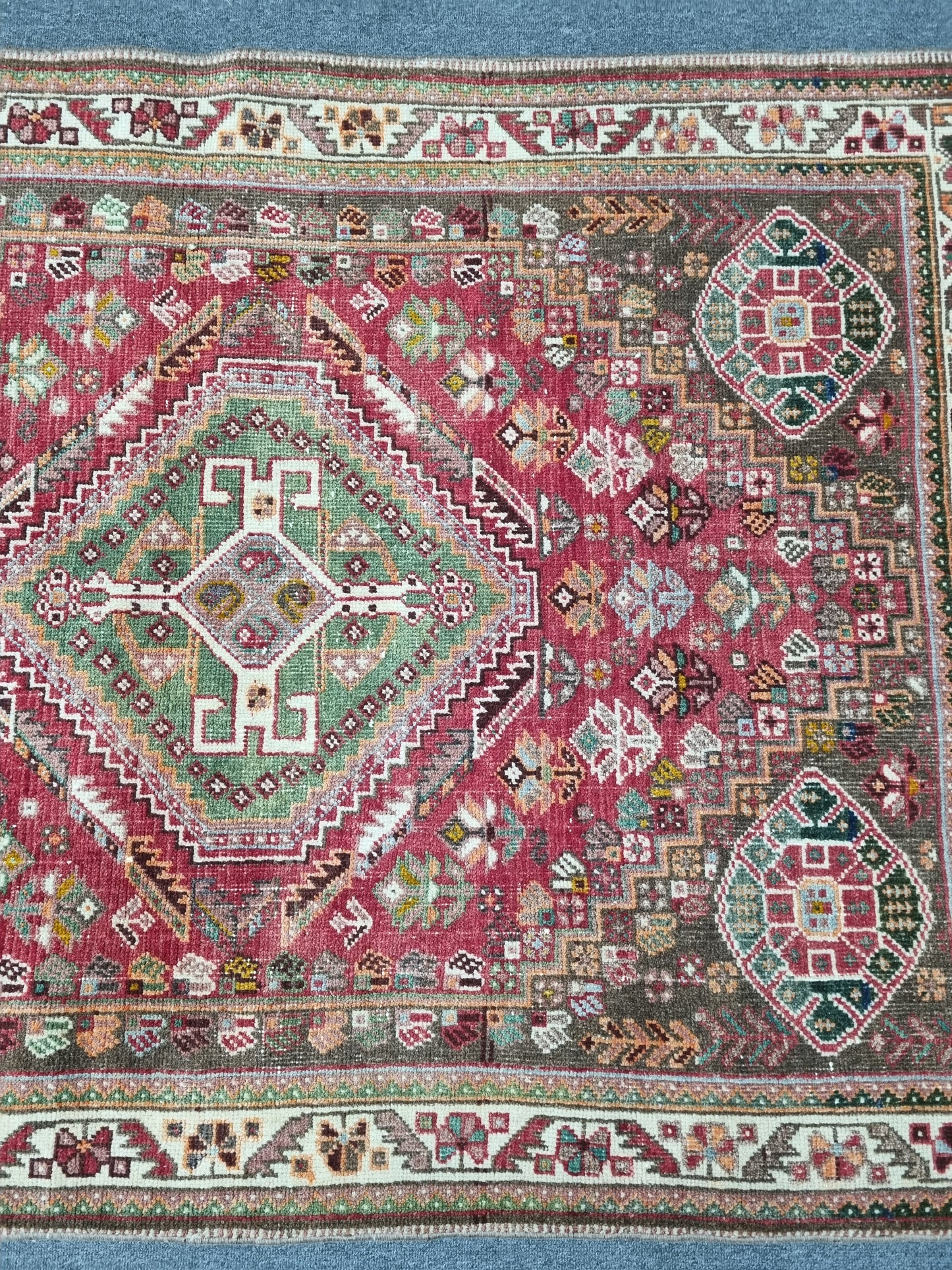 3'7" x 5'1" Vintage Tribal Wool Rug, Red Green Geometric Oriental Carpet