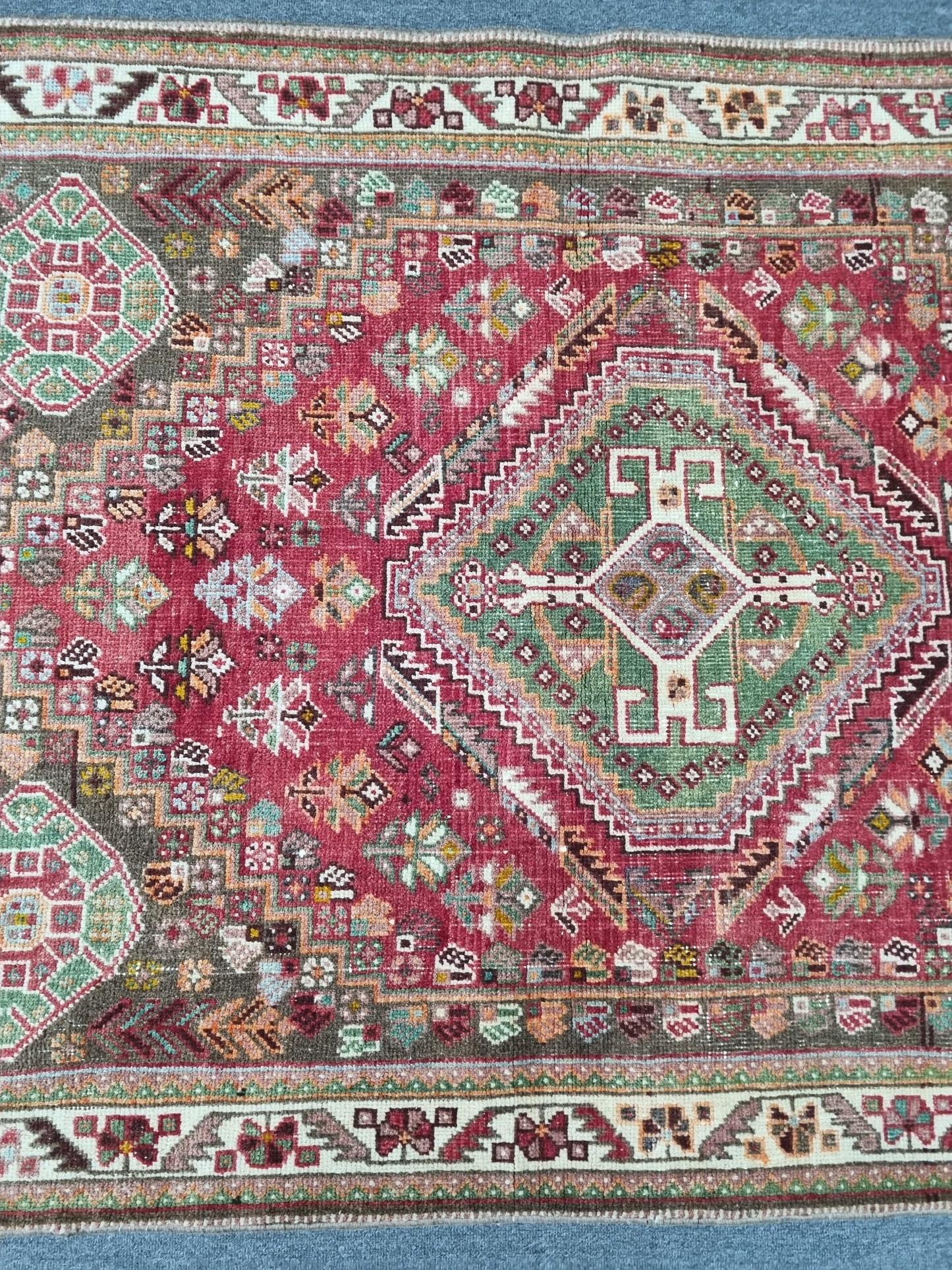 3'7" x 5'1" Vintage Tribal Wool Rug, Red Green Geometric Oriental Carpet