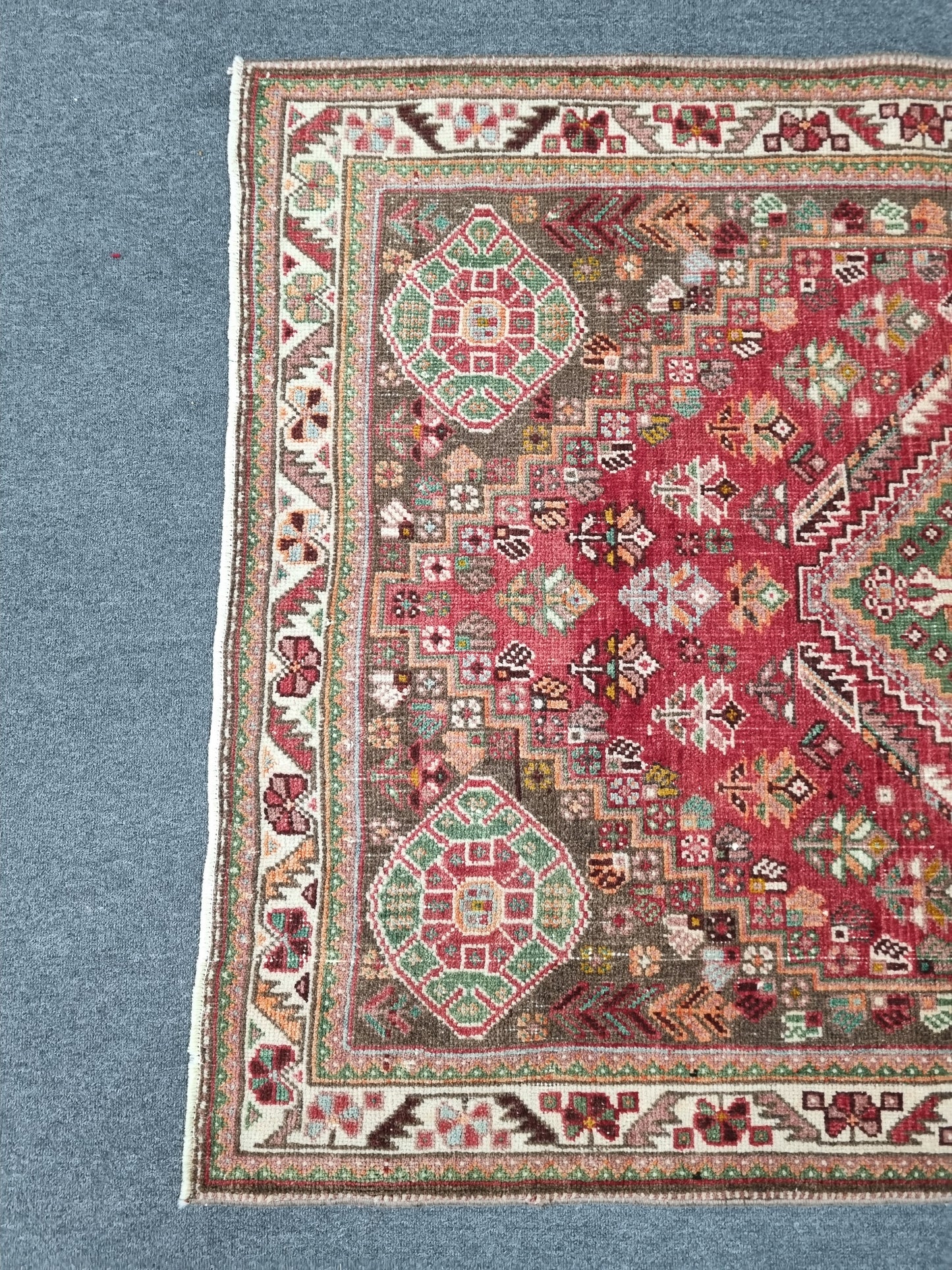 3'7" x 5'1" Vintage Tribal Wool Rug, Red Green Geometric Oriental Carpet