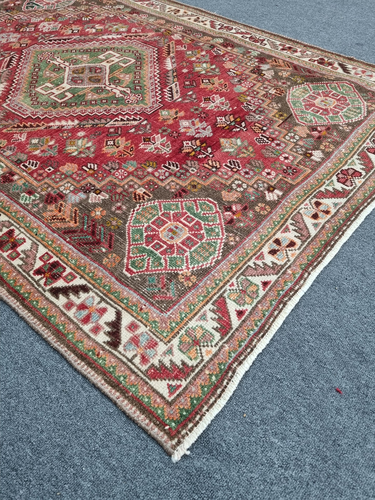 3'7" x 5'1" Vintage Tribal Wool Rug, Red Green Geometric Oriental Carpet