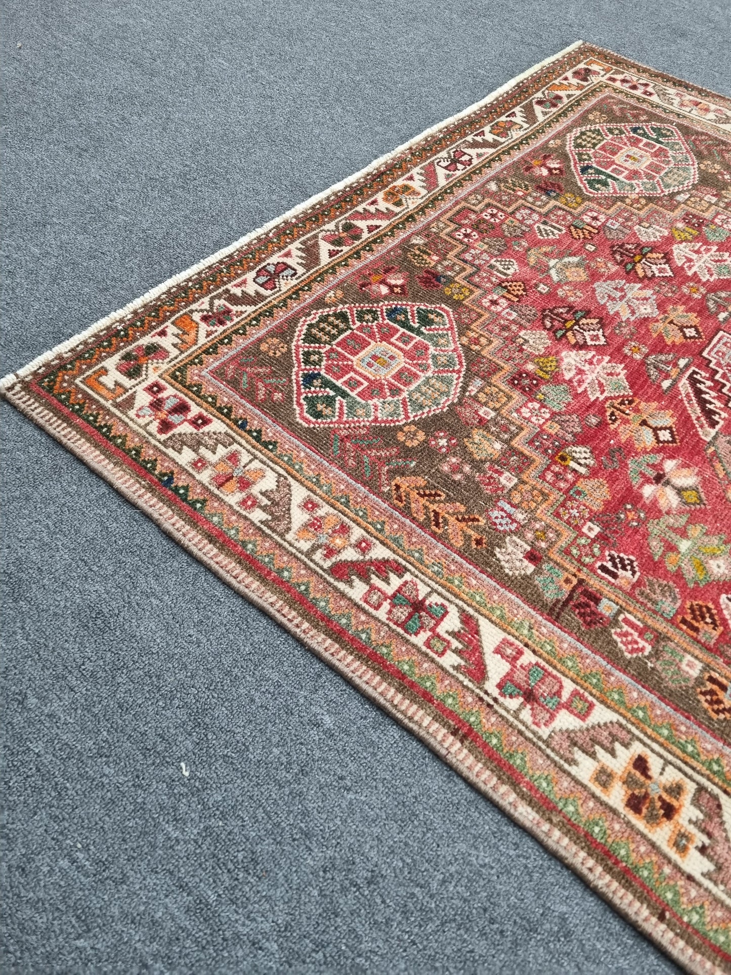 3'7" x 5'1" Vintage Tribal Wool Rug, Red Green Geometric Oriental Carpet