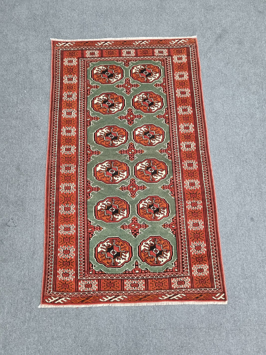 3'3" x 5'4" Vintage Tribal Wool Rug, Red Sage Green Oriental Carpet