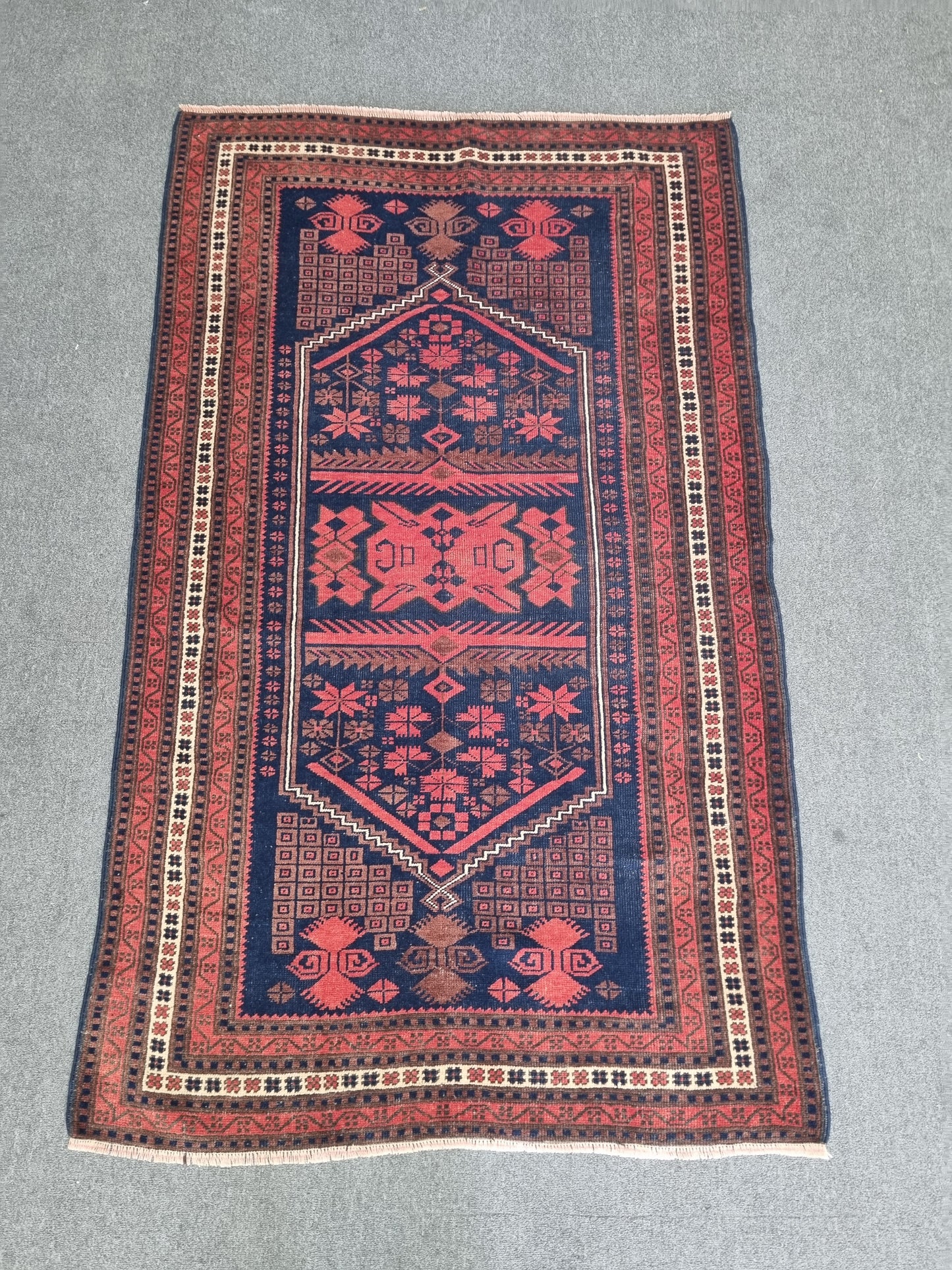 3'8" x 6' Vintage Tribal Rug, Navy Red Geometric Wool Carpet