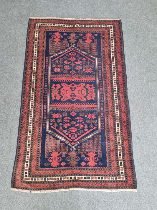 3'8" x 6' Vintage Tribal Rug, Navy Red Geometric Wool Carpet