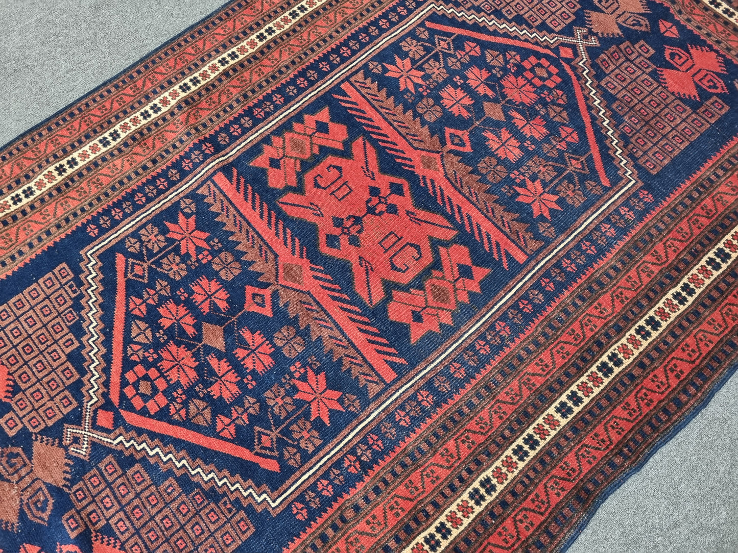 3'8" x 6' Vintage Tribal Rug, Navy Red Geometric Wool Carpet