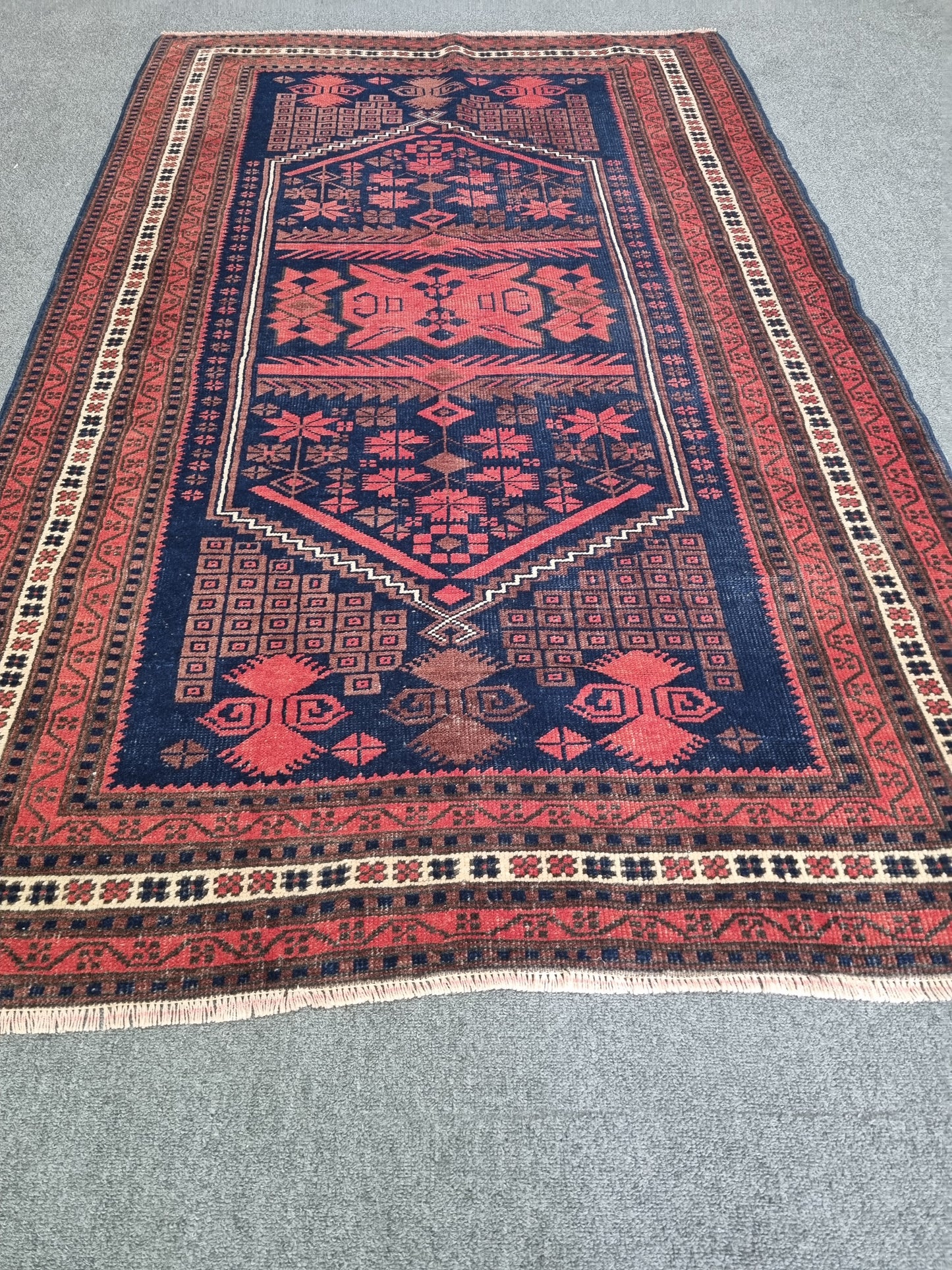 3'8" x 6' Vintage Tribal Rug, Navy Red Geometric Wool Carpet
