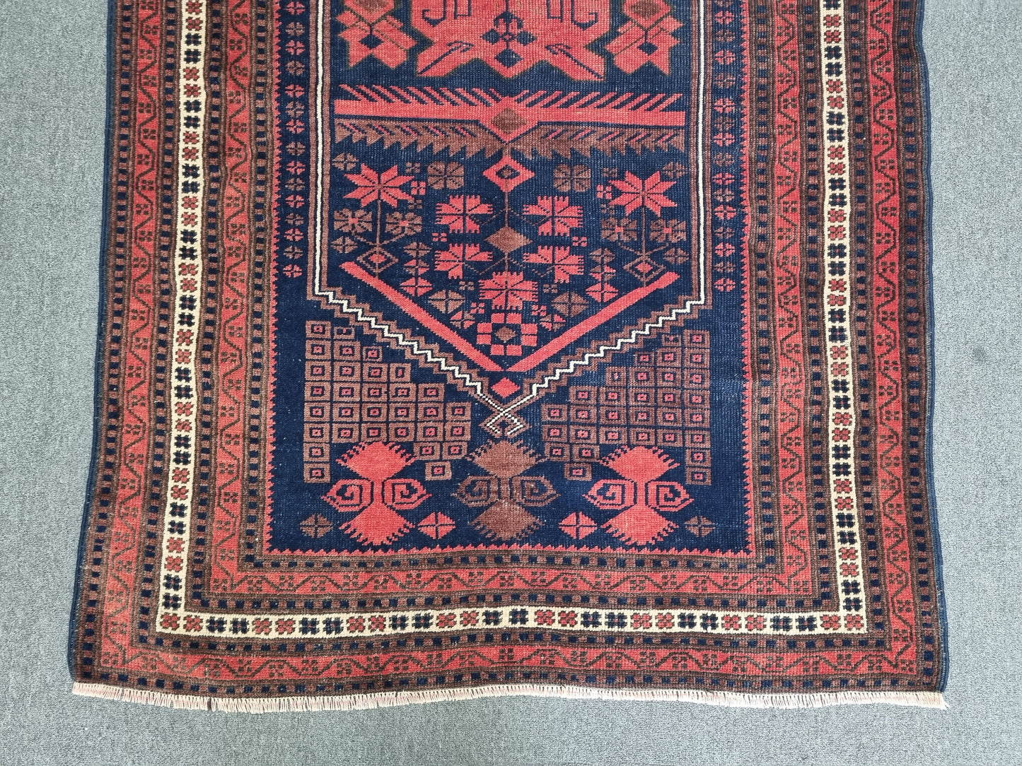 3'8" x 6' Vintage Tribal Rug, Navy Red Geometric Wool Carpet