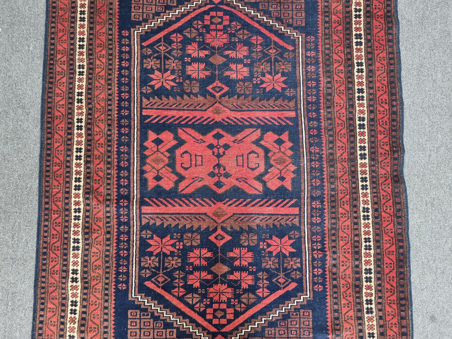 3'8" x 6' Vintage Tribal Rug, Navy Red Geometric Wool Carpet