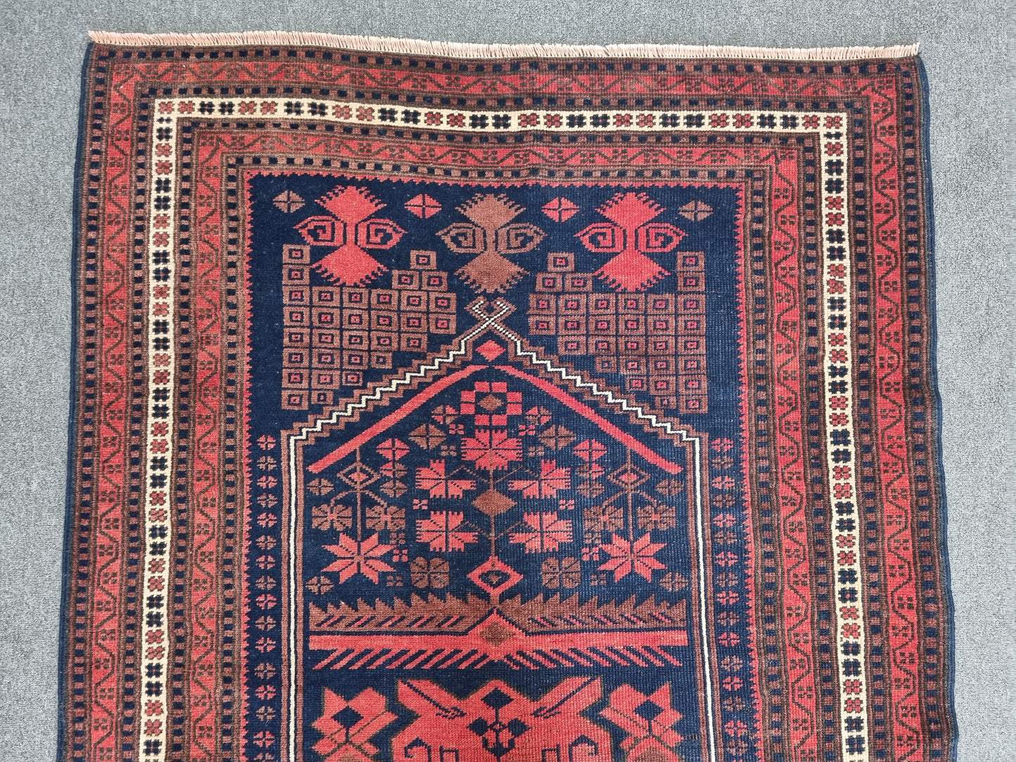 3'8" x 6' Vintage Tribal Rug, Navy Red Geometric Wool Carpet