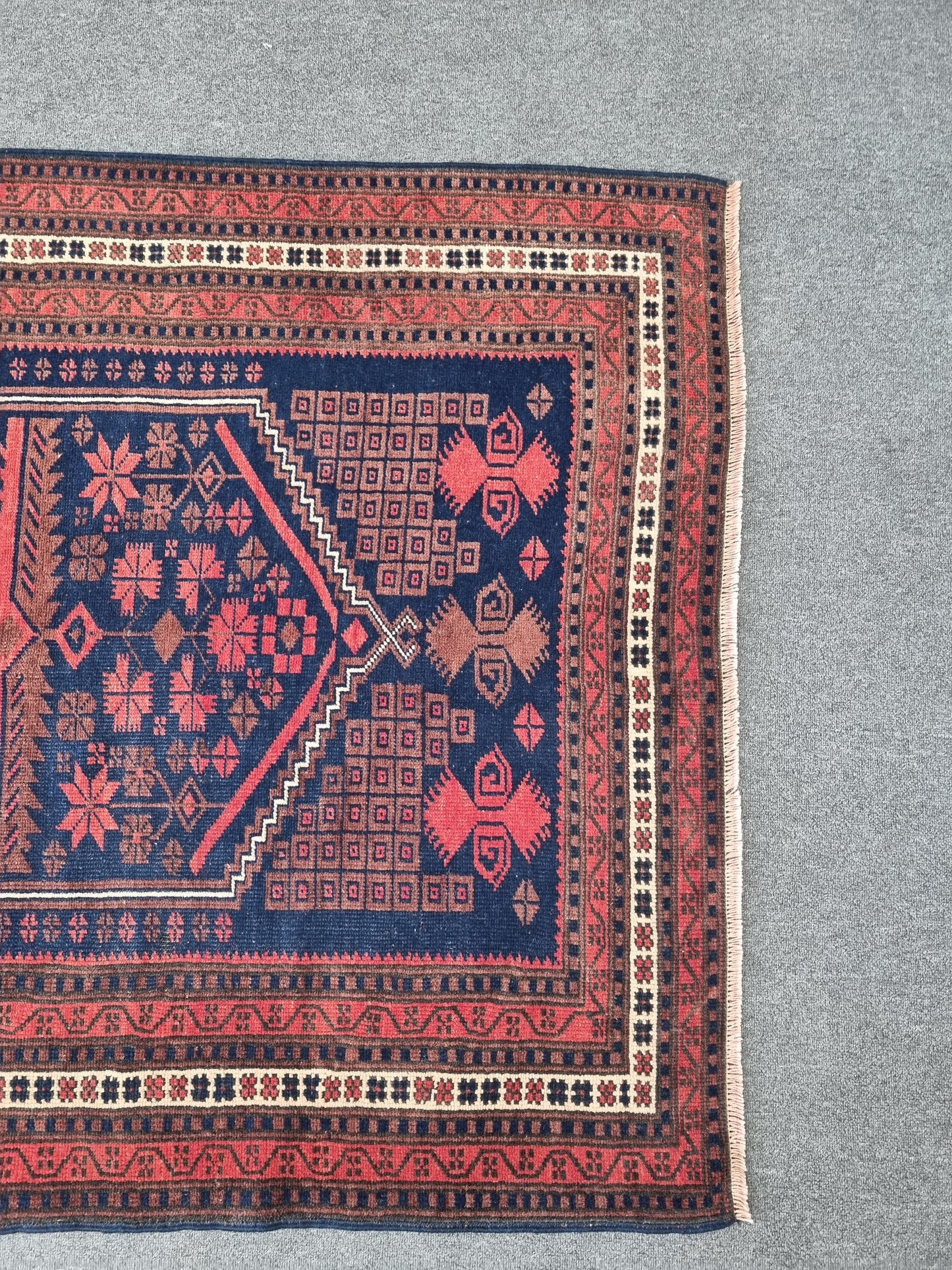 3'8" x 6' Vintage Tribal Rug, Navy Red Geometric Wool Carpet