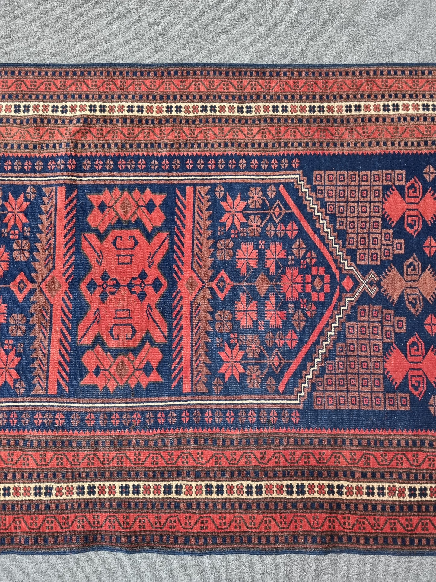 3'8" x 6' Vintage Tribal Rug, Navy Red Geometric Wool Carpet