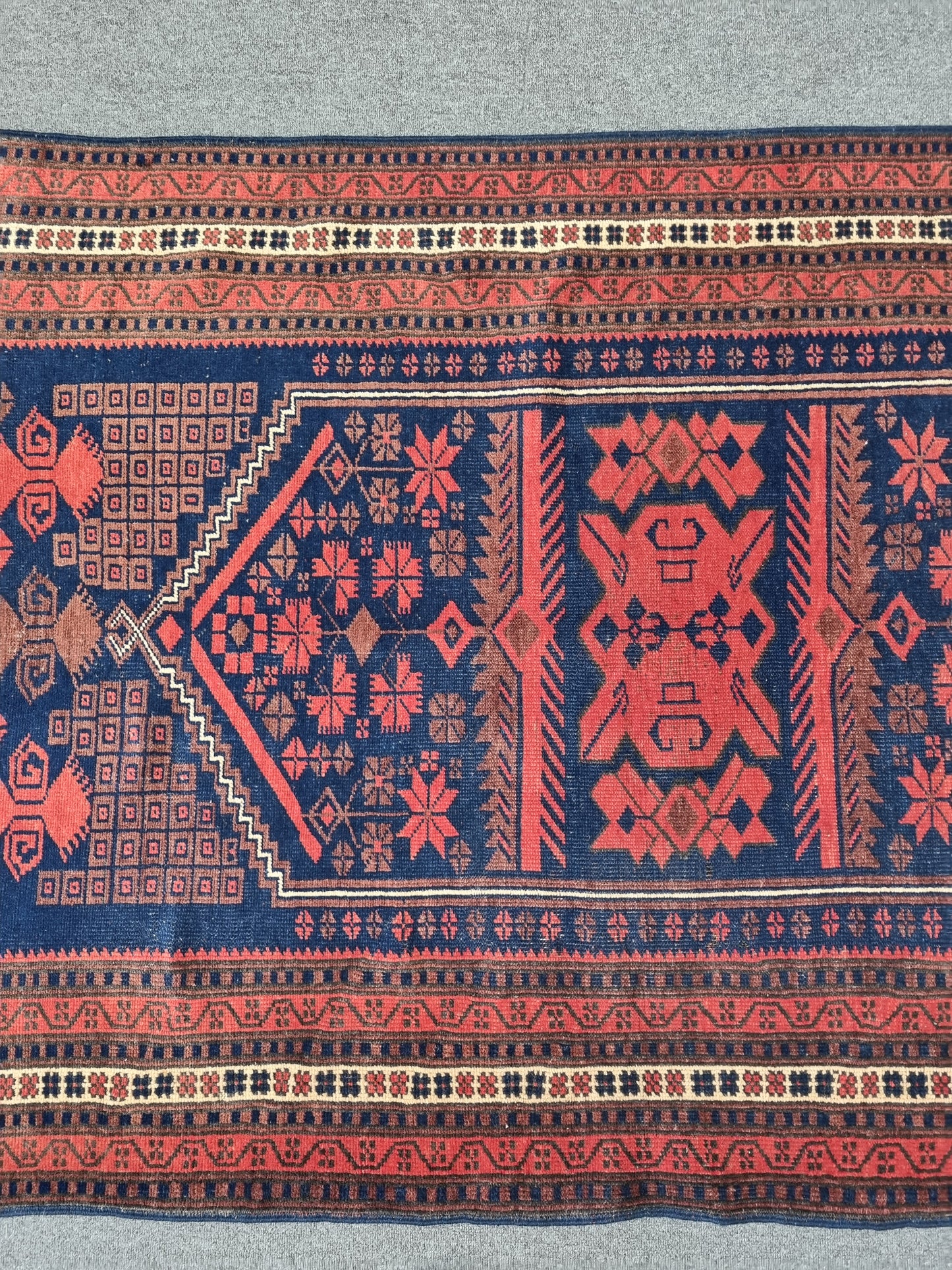 3'8" x 6' Vintage Tribal Rug, Navy Red Geometric Wool Carpet