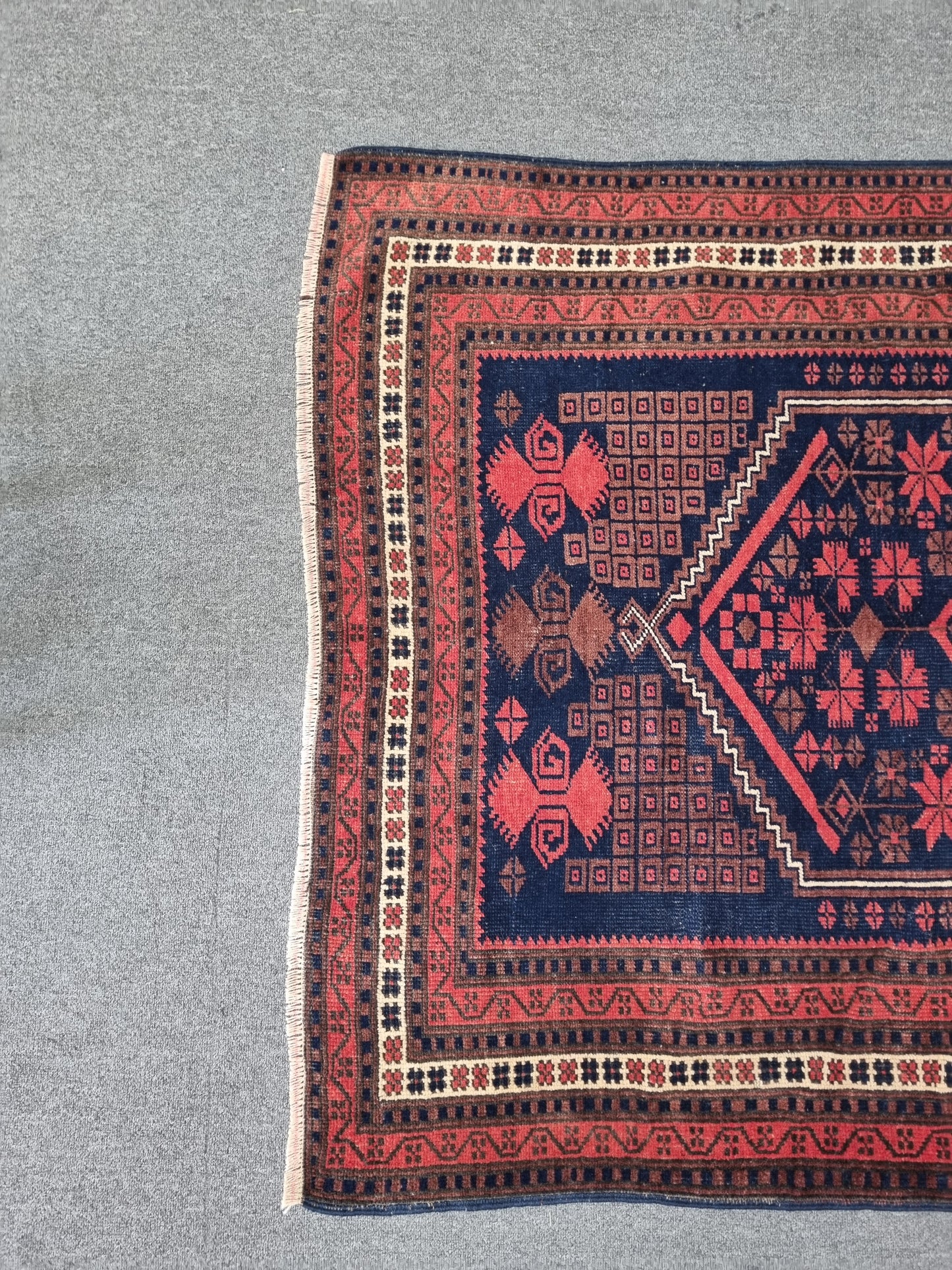 3'8" x 6' Vintage Tribal Rug, Navy Red Geometric Wool Carpet