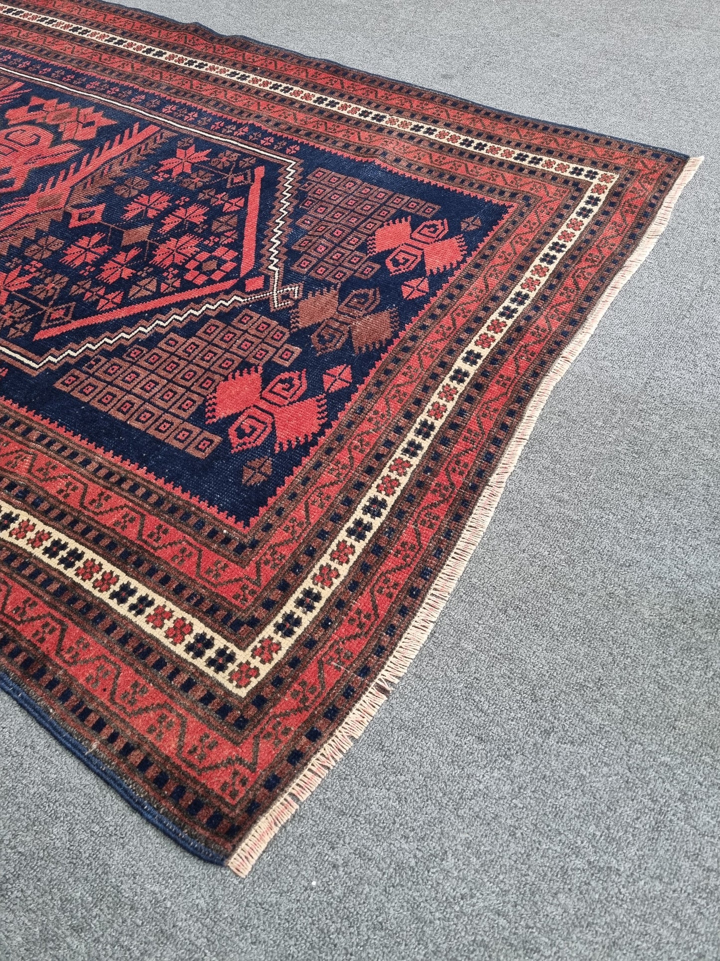 3'8" x 6' Vintage Tribal Rug, Navy Red Geometric Wool Carpet