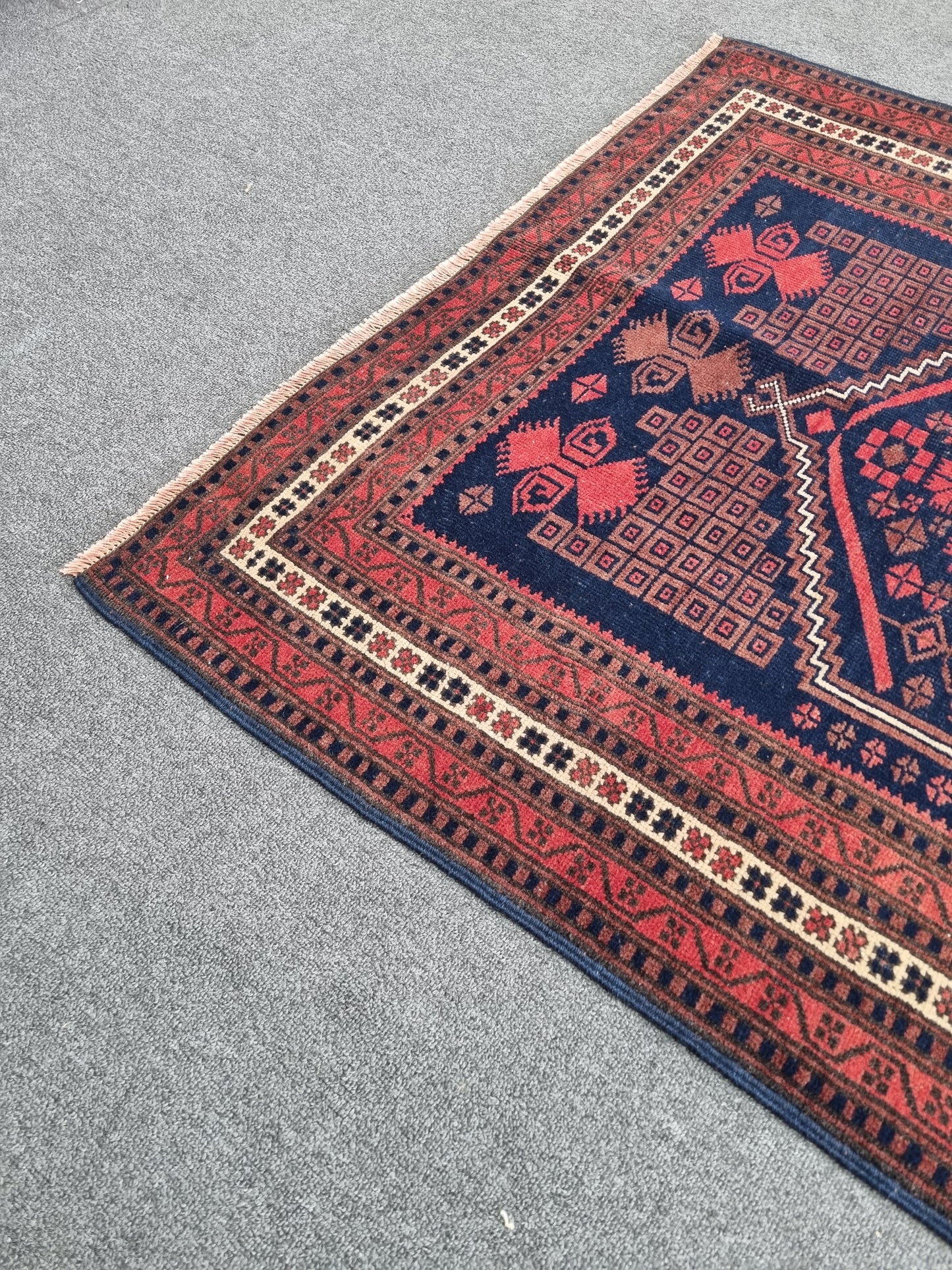 3'8" x 6' Vintage Tribal Rug, Navy Red Geometric Wool Carpet