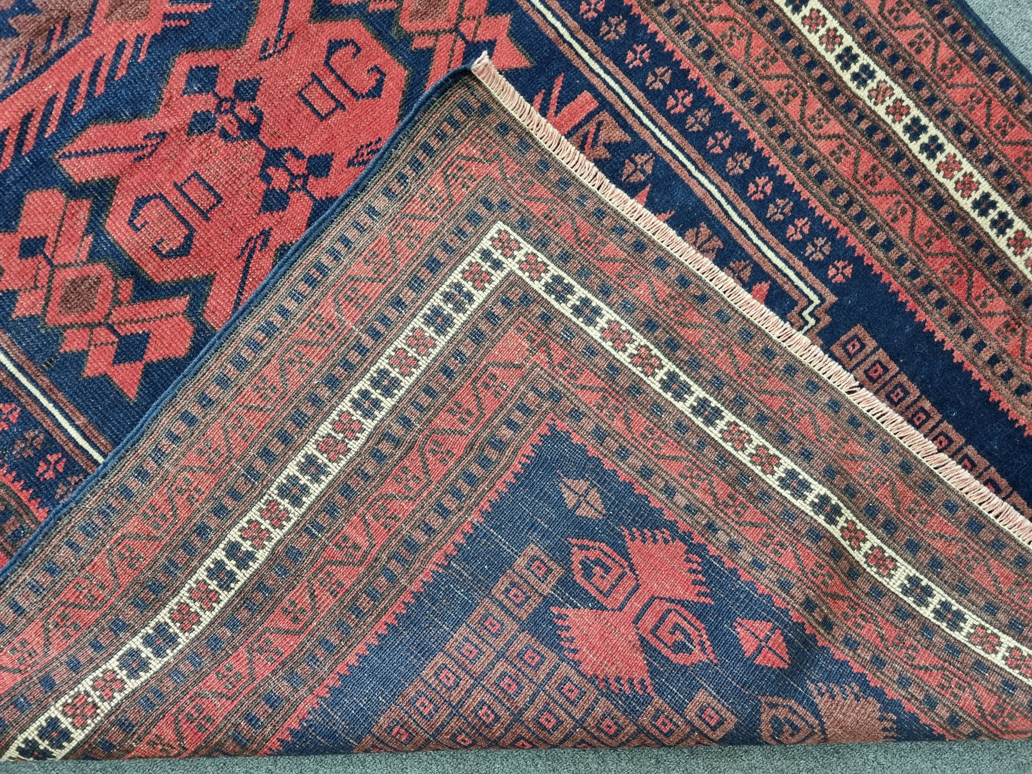 3'8" x 6' Vintage Tribal Rug, Navy Red Geometric Wool Carpet