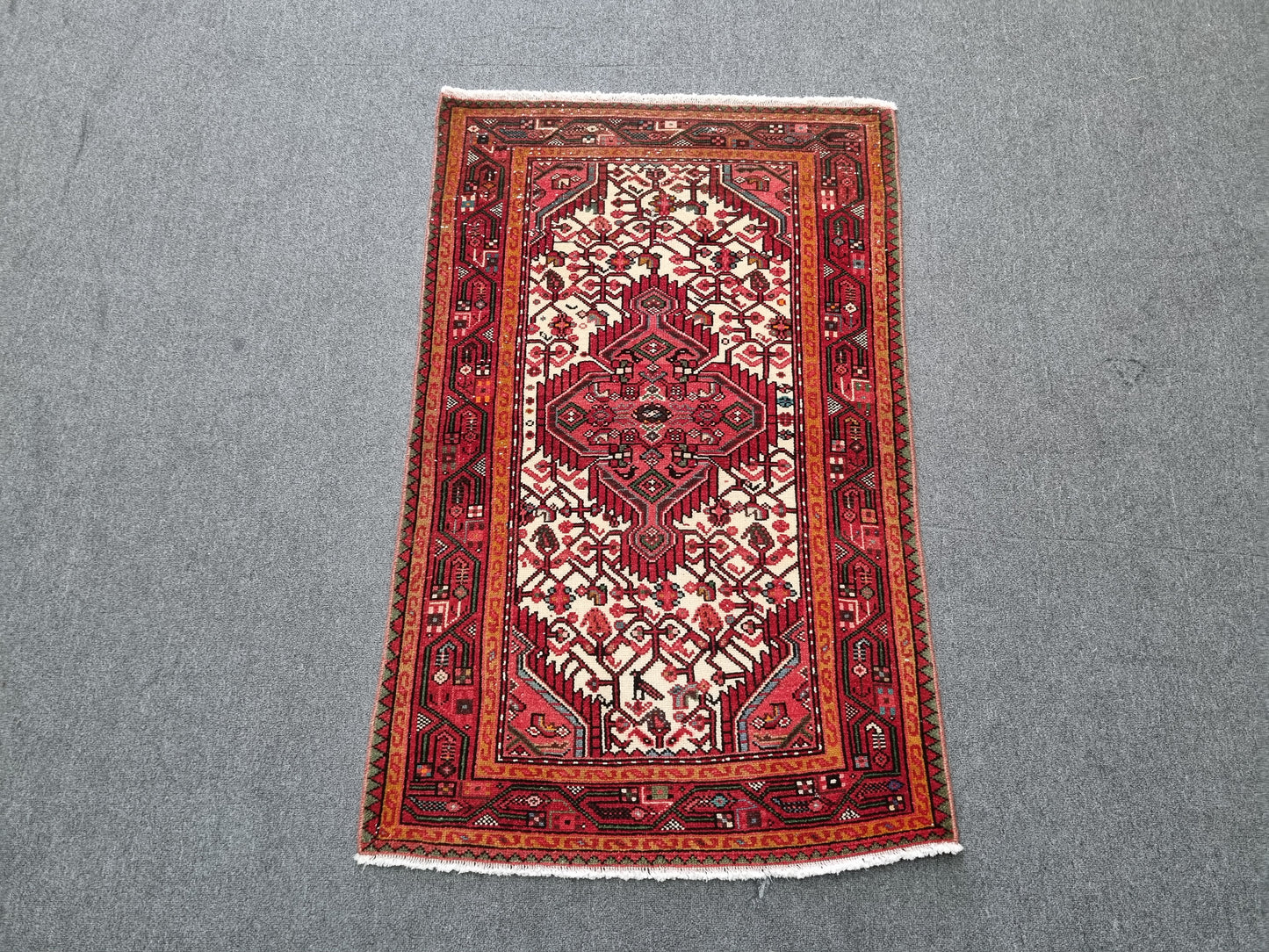 Handwoven Vintage Wool Rug, Red Ivory Tribal Oriental Carpet (2'6" x 4')