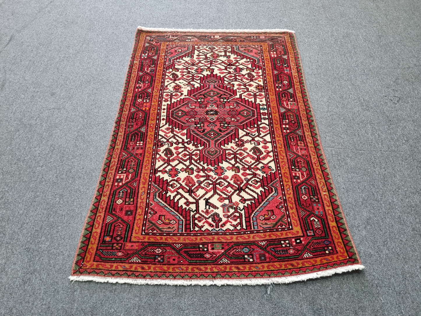Handwoven Vintage Wool Rug, Red Ivory Tribal Oriental Carpet (2'6" x 4')