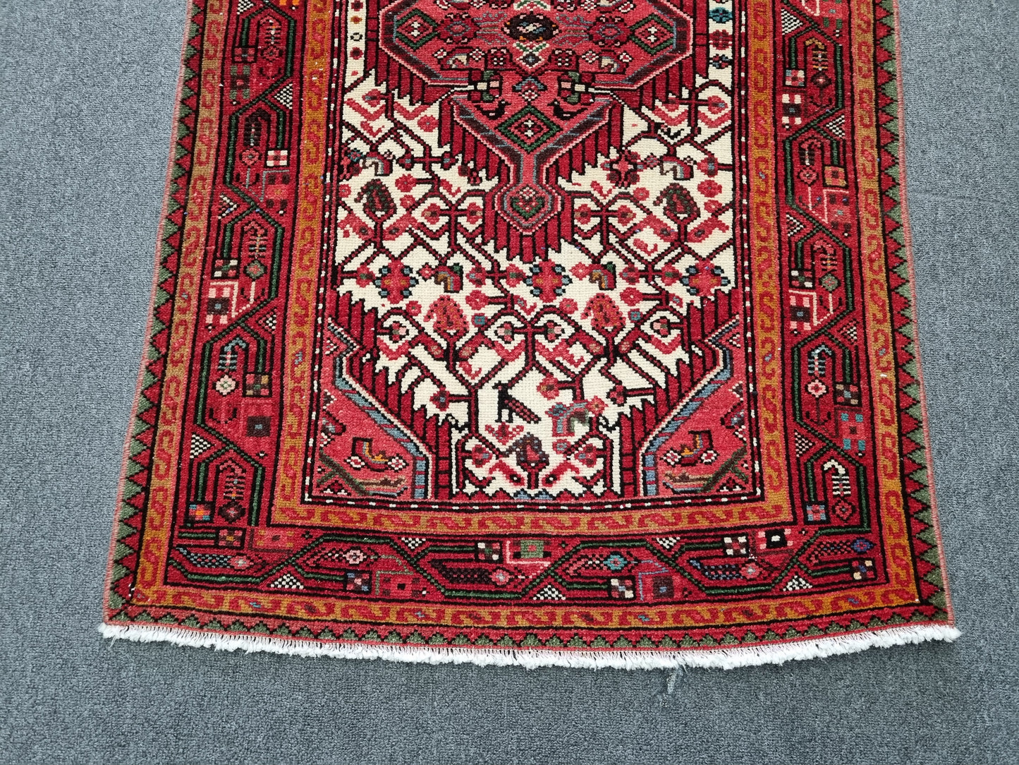 Handwoven Vintage Wool Rug, Red Ivory Tribal Oriental Carpet (2'6" x 4')
