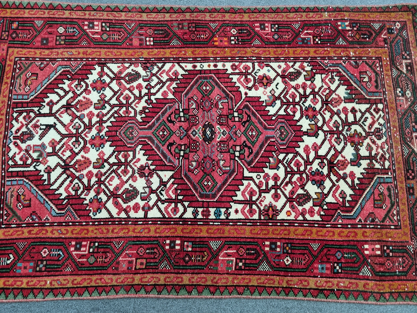 Handwoven Vintage Wool Rug, Red Ivory Tribal Oriental Carpet (2'6" x 4')